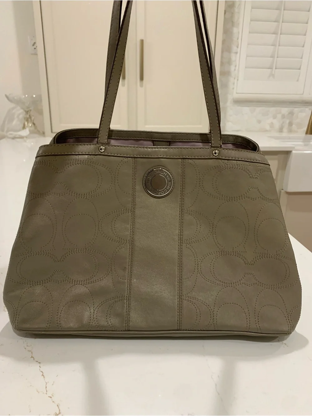 Coach Olive-Taupe Signature Shoulder Leather Tote Bag